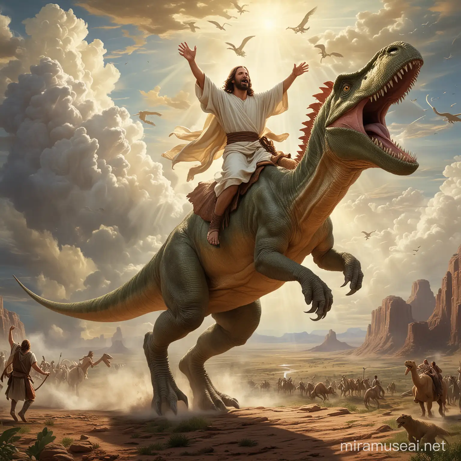 Jesus Riding a Dinosaur Divine Savior Mounted on Prehistoric Beast