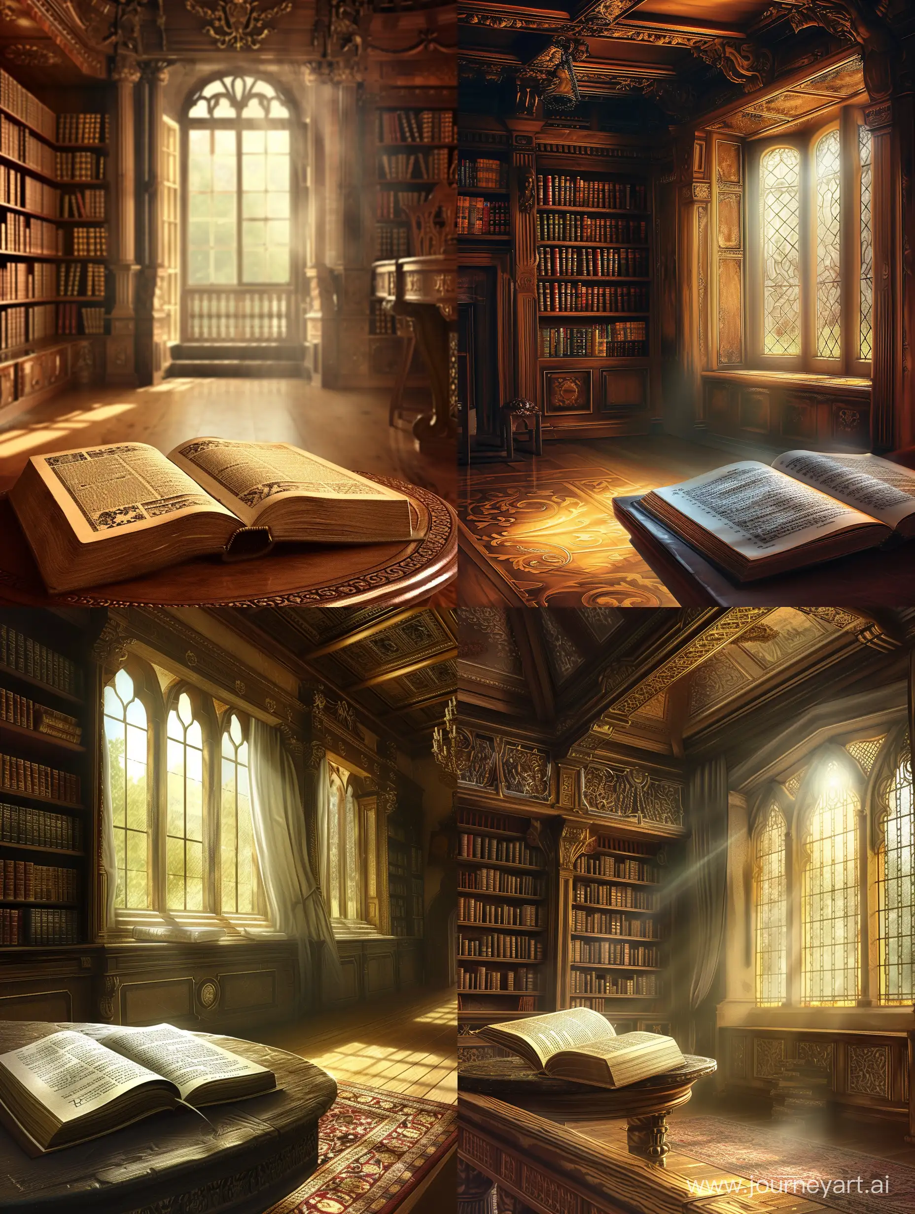 an old and luxury room with an open English book from near on the table and a library, like the room of Shakespeare with a lightfull window. i want a background image for a cover of a magazine about English and language. very beautiful, colorful and high resolution one. show language and English by this image. realistic one. clear not fuzzy.