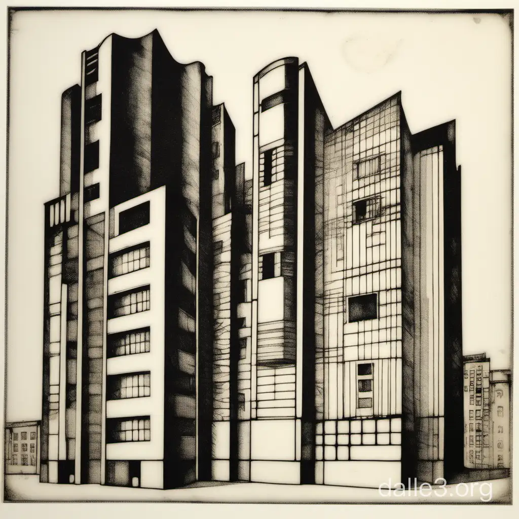 Bauhaus buildings weird drypoint print