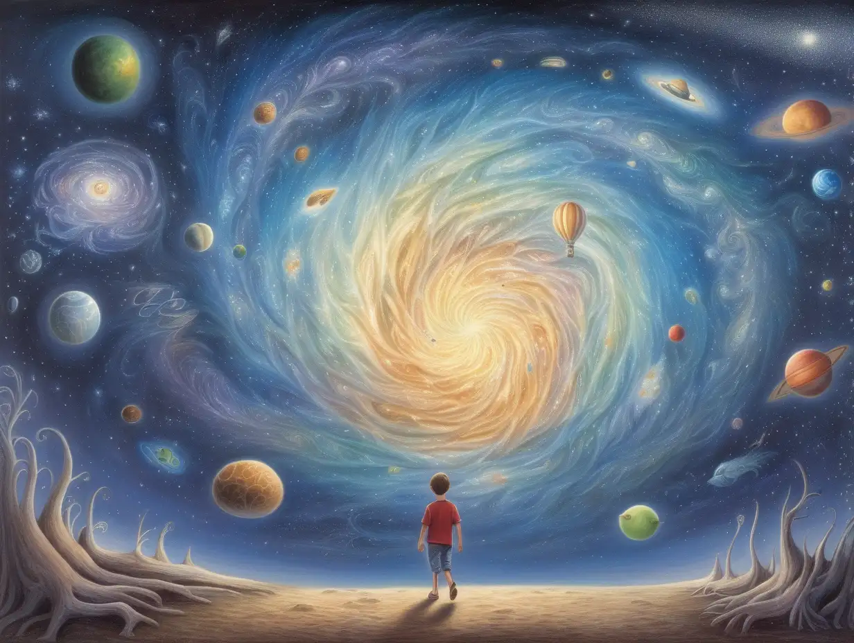 a 25 year old boy walks and receives a message from the deepest forces of the universe, a guide that urged him to deepen his inner understanding. The style of the picture should be similar to the drawing of a fable that stimulates the imagination, in the style of Waldorf education