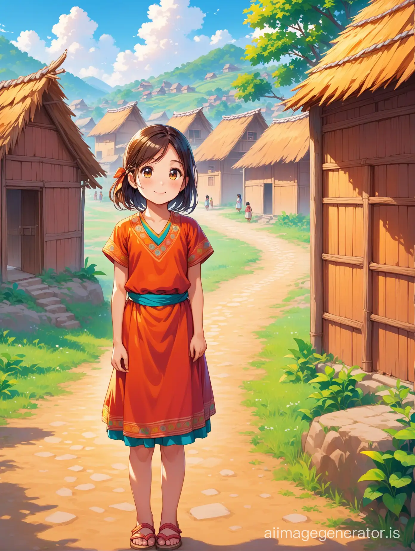 Show a girl in her village, with colorful houses and friendly villagers.
Girl should be depicted as a young, brave girl with a curious expression.