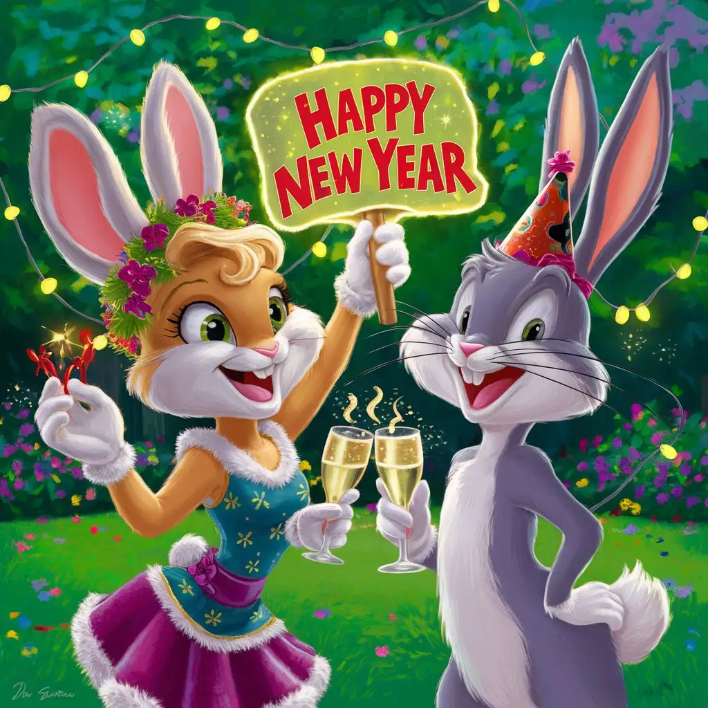 I need a happy new year wish that Lola Hunny wishes to Bugs Bunny in the garden.  Lola Bunny and Bug Bunny should included with happy new year board