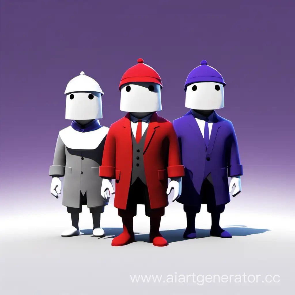 
3 characters like in Human Fall Flat are three of them, like brothers. Red, blue and purple. White background, there is nothing nearby.