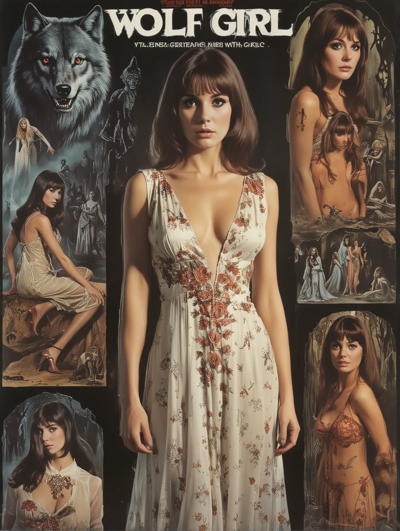 film poster for a 1970s British horror film called Wolf Girl, with collage image composition, showing various characters and scenes, film starting Christopher Lee, and sensual actress in low-cut gown, gaudy pulp style, patina somewhat worn