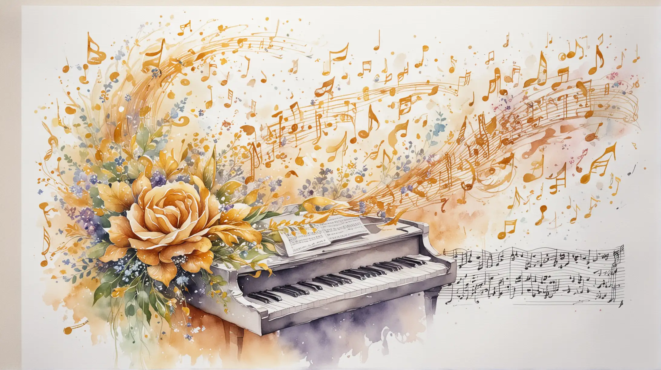 Curly Sheet Music with Flying Golden Notes in Anime Watercolor Style