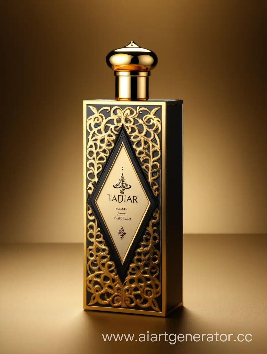 Box package design of perfume TAJDAR product, elegant, trending on artstation,   sharp focus,   studio photo,   intricate details,   highly detailed,   gold, Royal black and beige color on gold background
