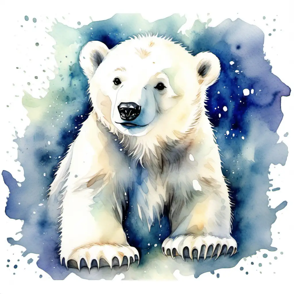 Jolly Polar Bear Cub Watercolor Painting Delightful Artwork with Enchanting White Background