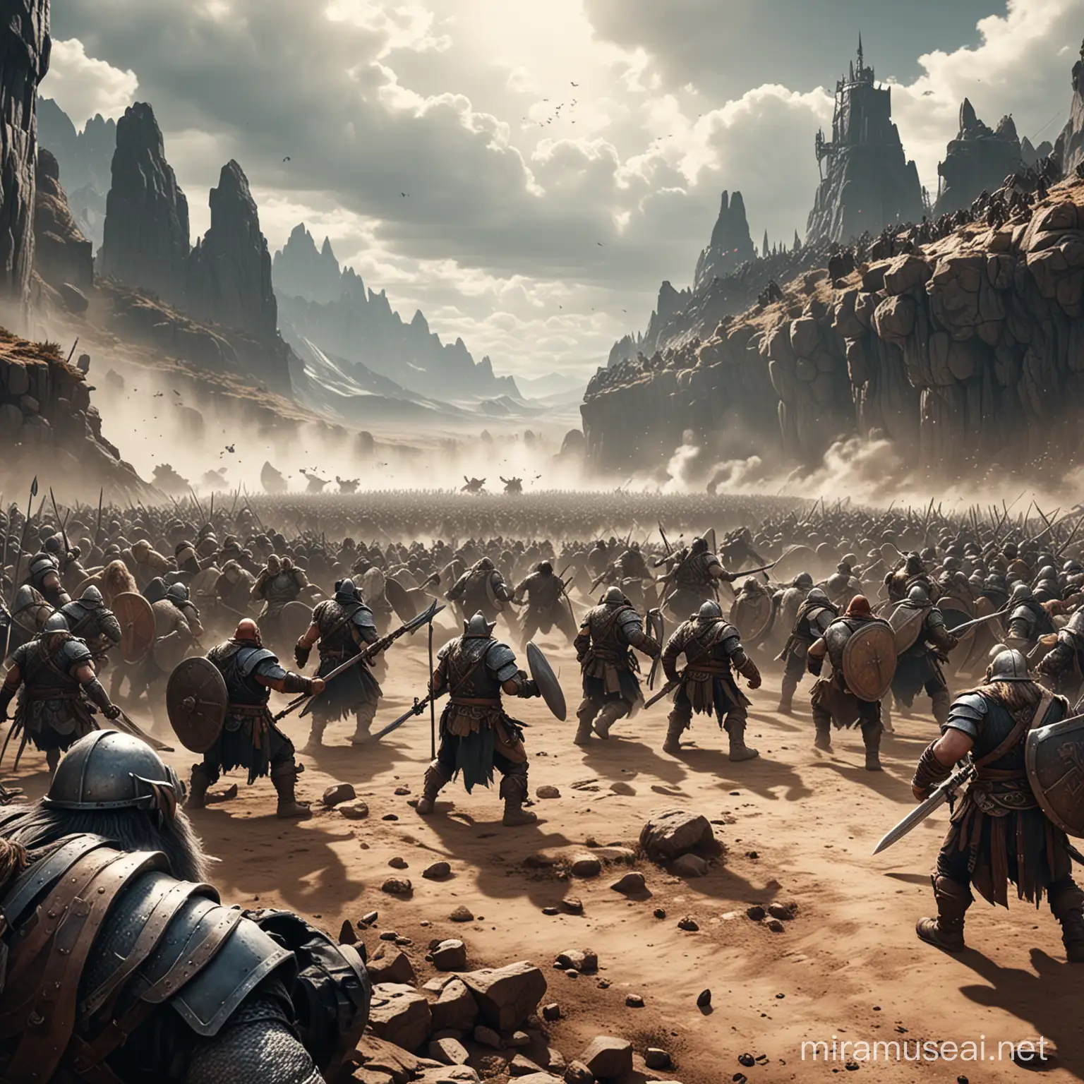 cinematic battle scene, orvs v. dwarves, fantasy setting, comic book ink style, wide shot.