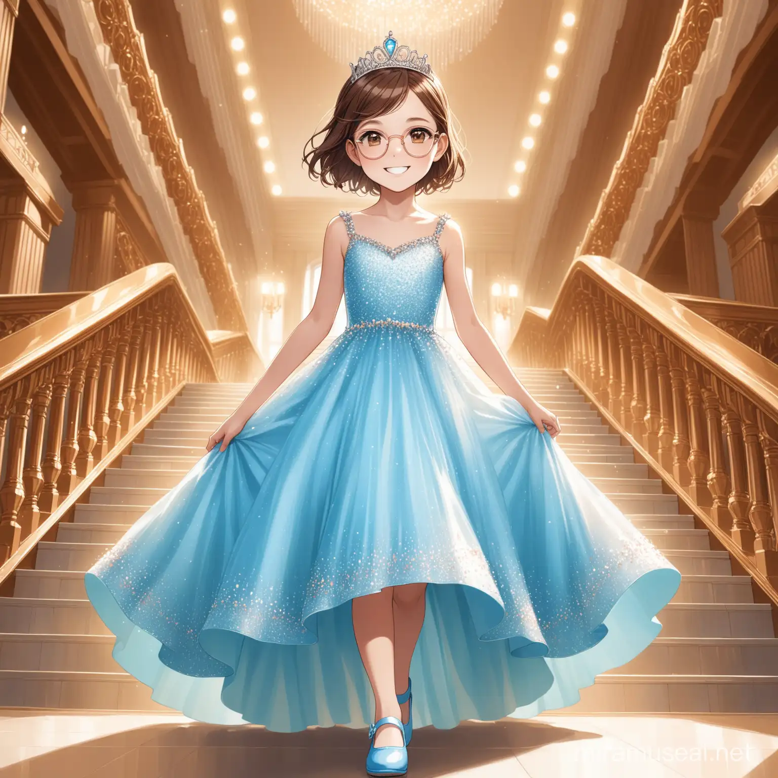 12 year old girl with short brown hair, brown eyes, rose gold glasses, smiling, wearing a silver tiara, wearing a light blue ball gown, walking down a grand staircase, blue shoes