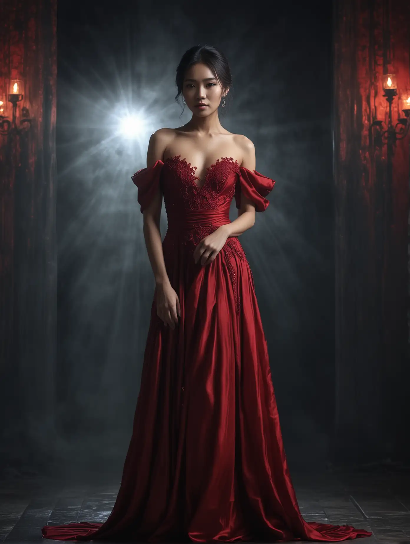 泰国女模特，穿着红色礼服，暗颜色氛围感的背景，有特效，逼真，4k高清，