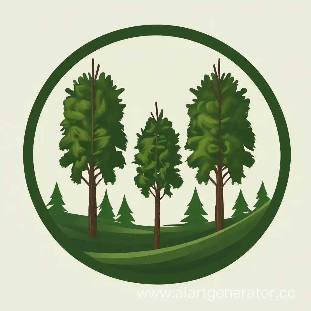 Круглый логотип. Два зеленых кедра, один большой, один маленький. 