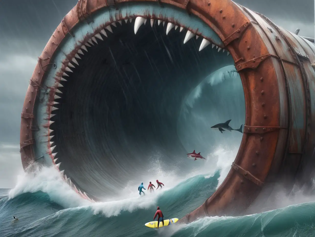 rusty bunghole storm surfers. background is scary megalodon sharknado factory