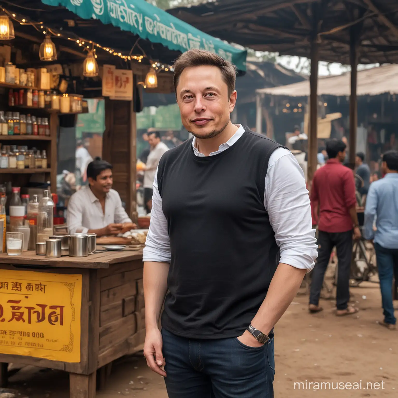 create an image of elon musk in simple clothes standing near a tea stall in India with a cup of hot tea in his hand