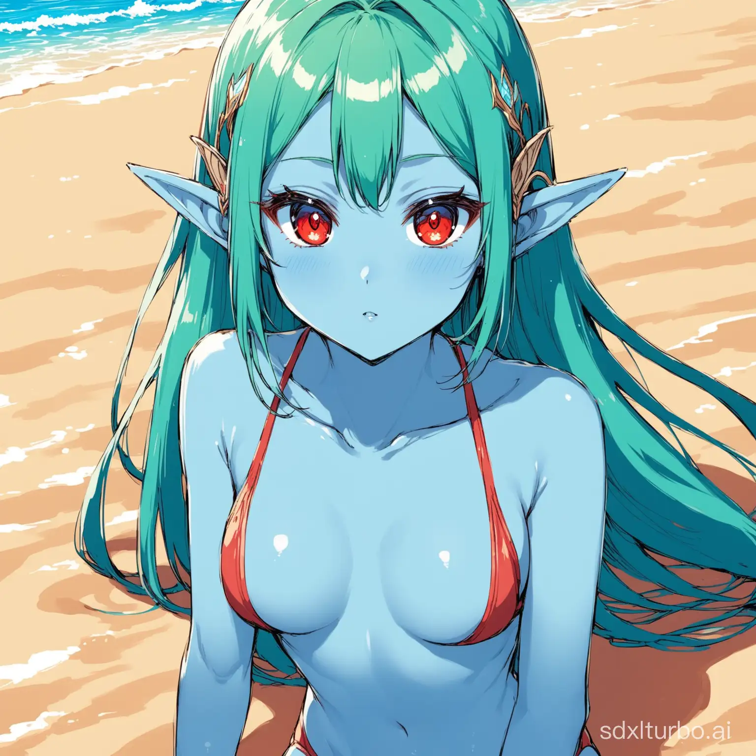 red eyed anime girl, blue skin, elven ears. Beach, swimming suit