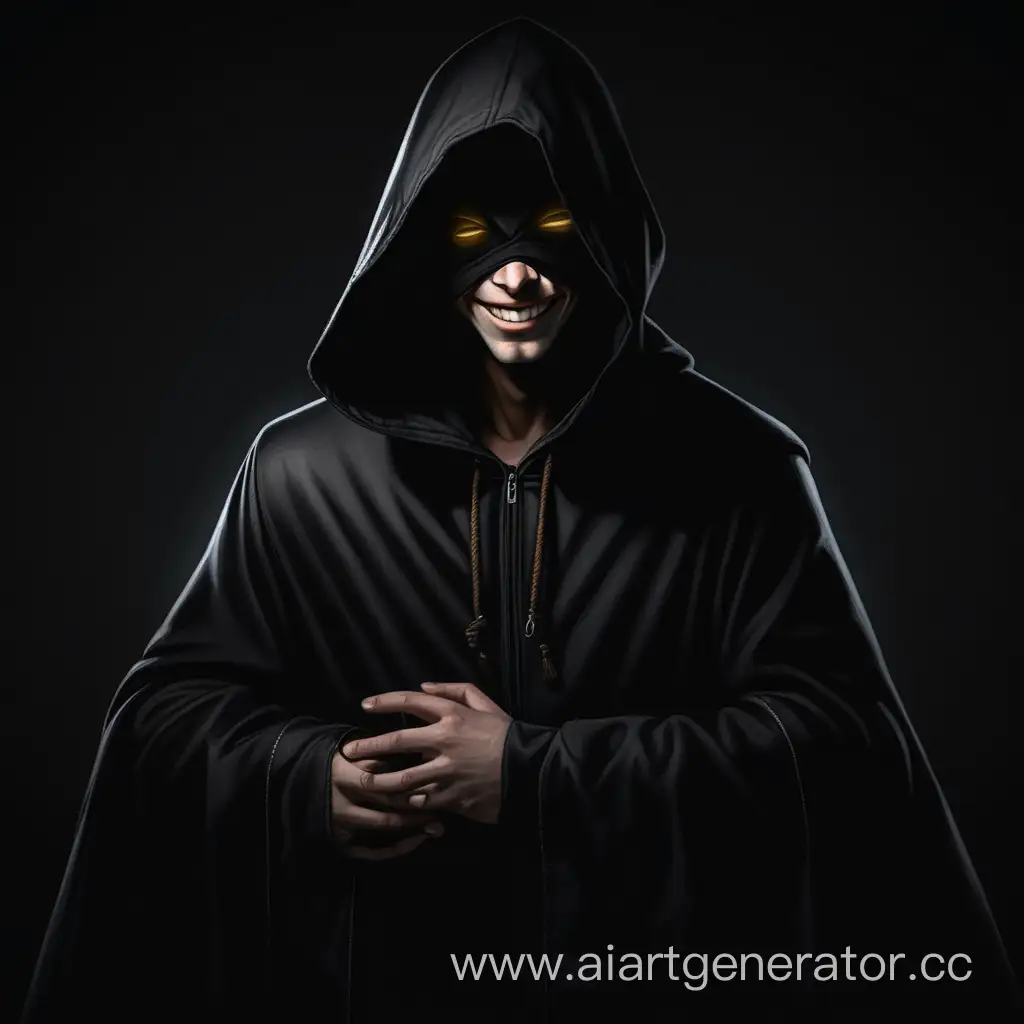 Mysterious-Smiling-Merchant-in-Black-Hooded-Cloak-on-Dark-Background