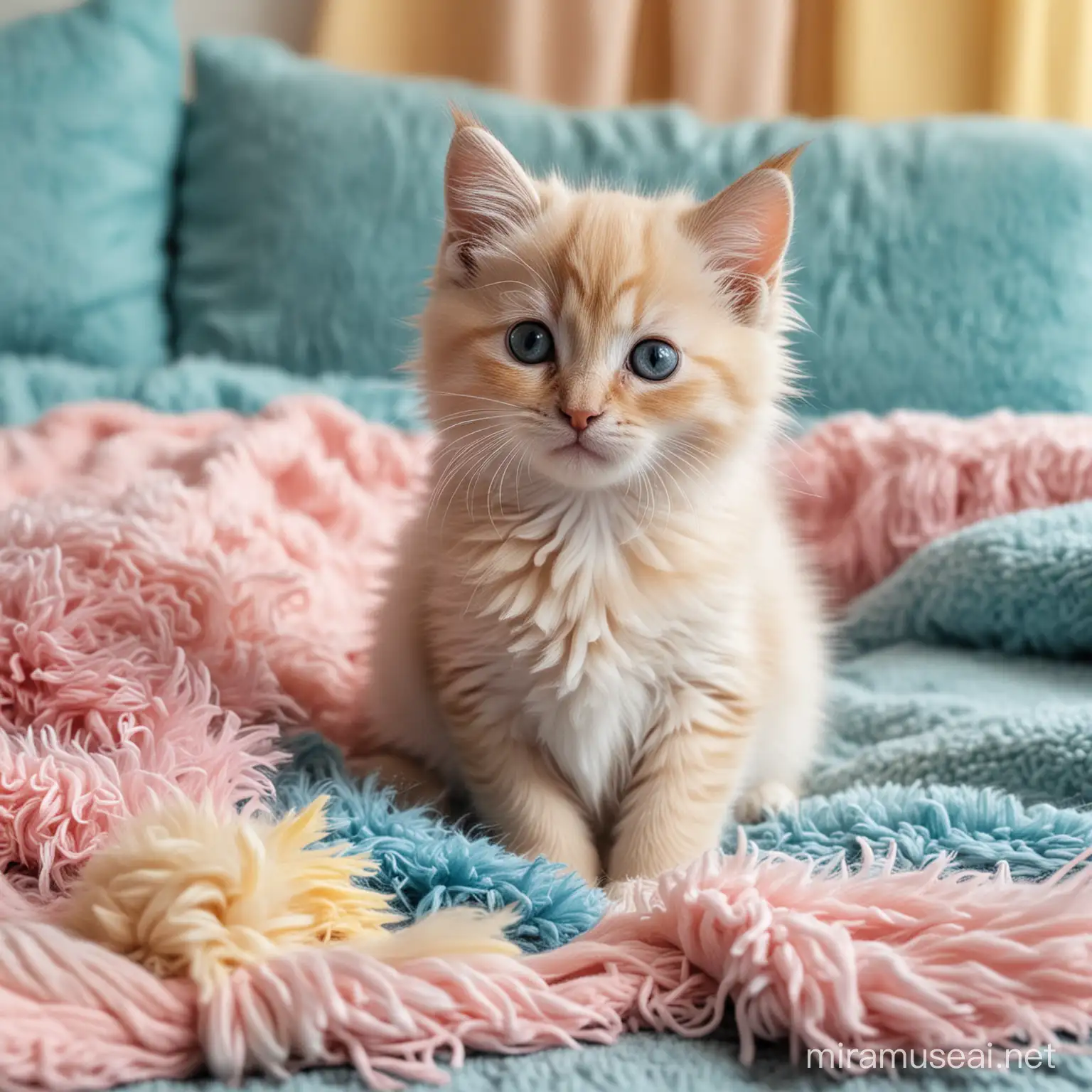 Adorable Kitten Relaxing on Soft Blue Blanket