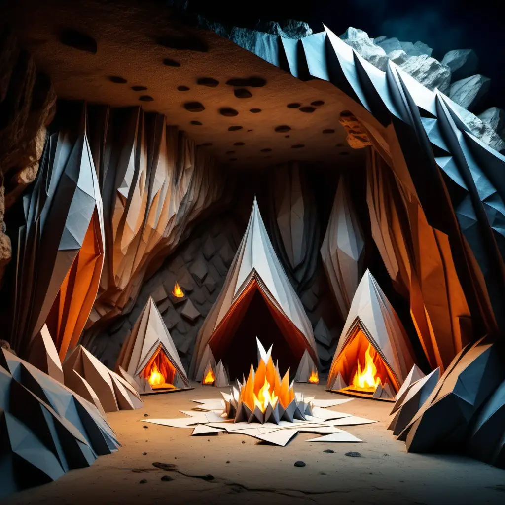 huge rocky chamber inside a cave with fire torches on the wall that illuminate the chamber for a kids book. origami style