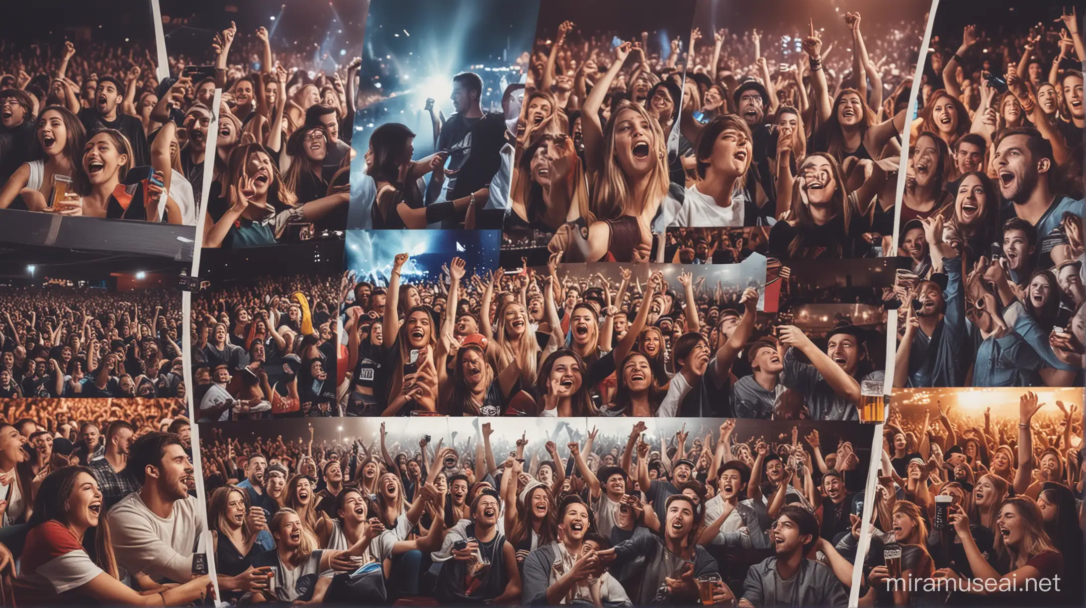 create a collage
 showing different groups of fans enjoying their passions - music fans watching a concert, sport fans watching a game, movie fans at a film premier, game fans watching or playing esports etc. 