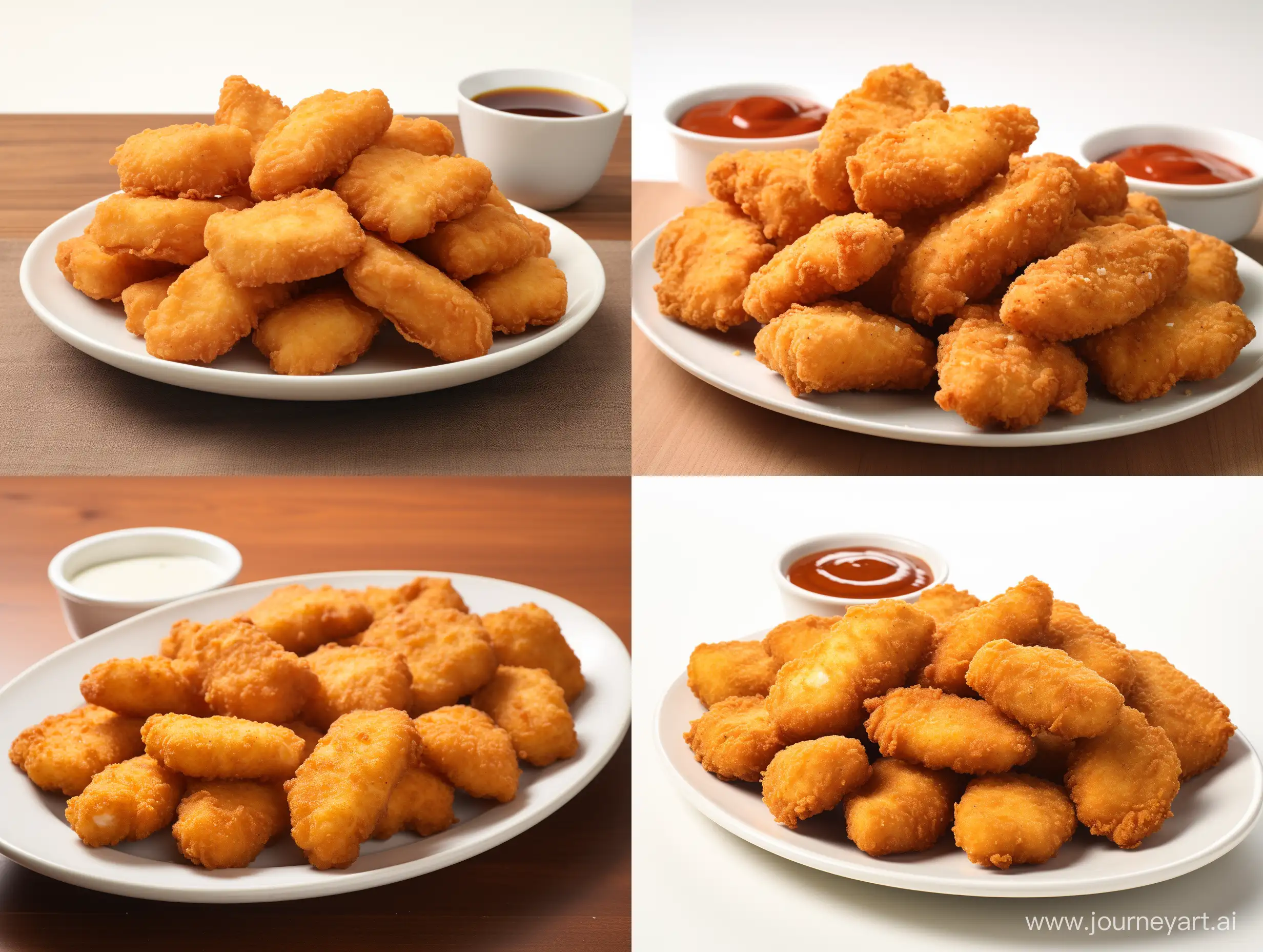 A closeup marketing photo of 8 nuggets on a white plate front view. super detailed. Sharpened image. Upscaled. Real life photo.