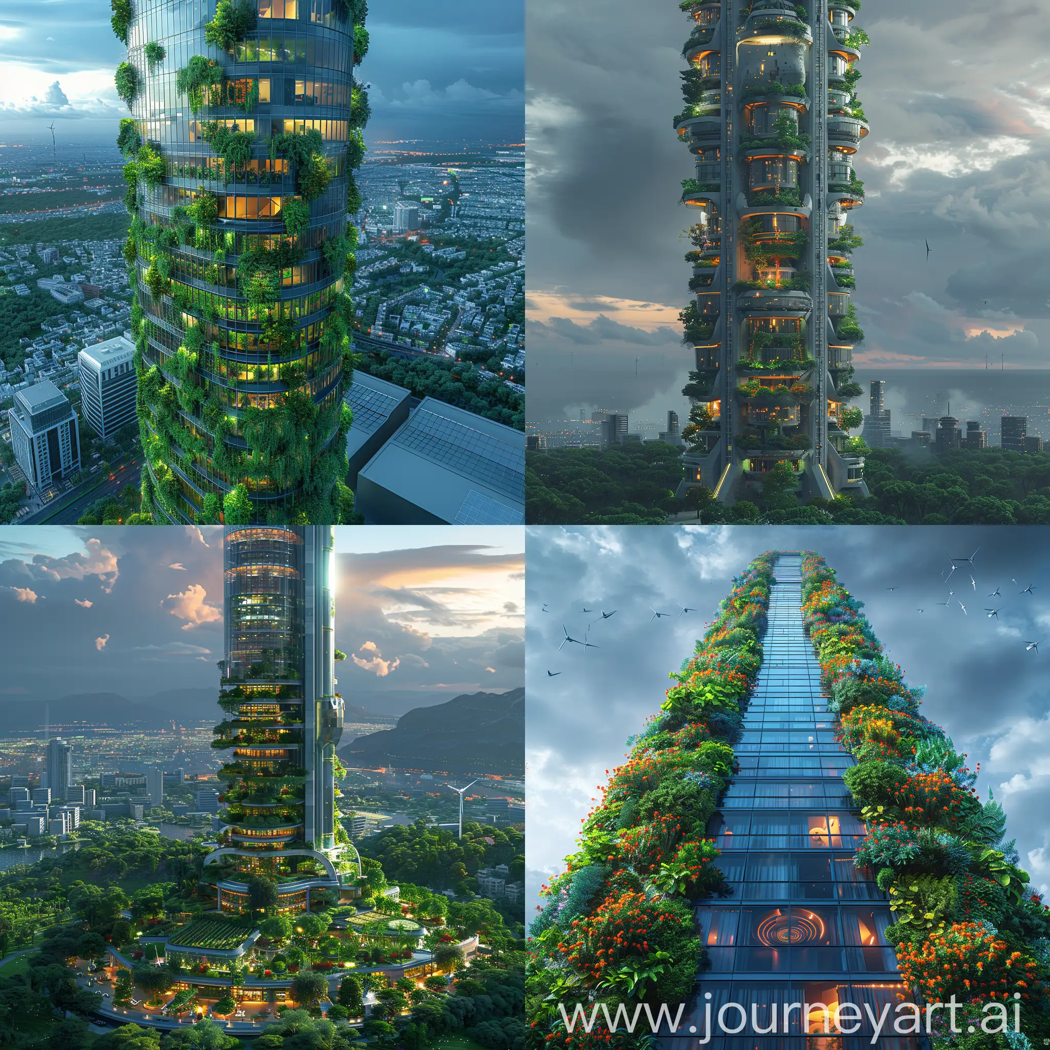 Futuristic skyscraper, Green Roofs, Solar Panels, Wind Turbines, Rainwater Harvesting System, Greywater Recycling, Energy-Efficient Glass, Natural Ventilation, Energy Monitoring System, Vertical Gardens, Recycled Materials, Smart Sensors, AI Building Management System, Augmented Reality Windows, Biometric Security Systems, Self-Healing Materials, Self-Healing Materials, Holographic Displays, Robotic Maintenance Drones, Virtual Reality Fitness Center, Hydroponic Farming, Self-Cleaning Surfaces, Nanomaterial Insulation, Nanotech Solar Windows, Nanomembrane Water Filters, Nanotech Air Purification, Nanosensors for Structural Health Monitoring, Nanotech Energy Storage, Nanorobots for Maintenance, Nanotech Smart Windows, Nanomaterials for Lightweight Construction, octane render --stylize 1000