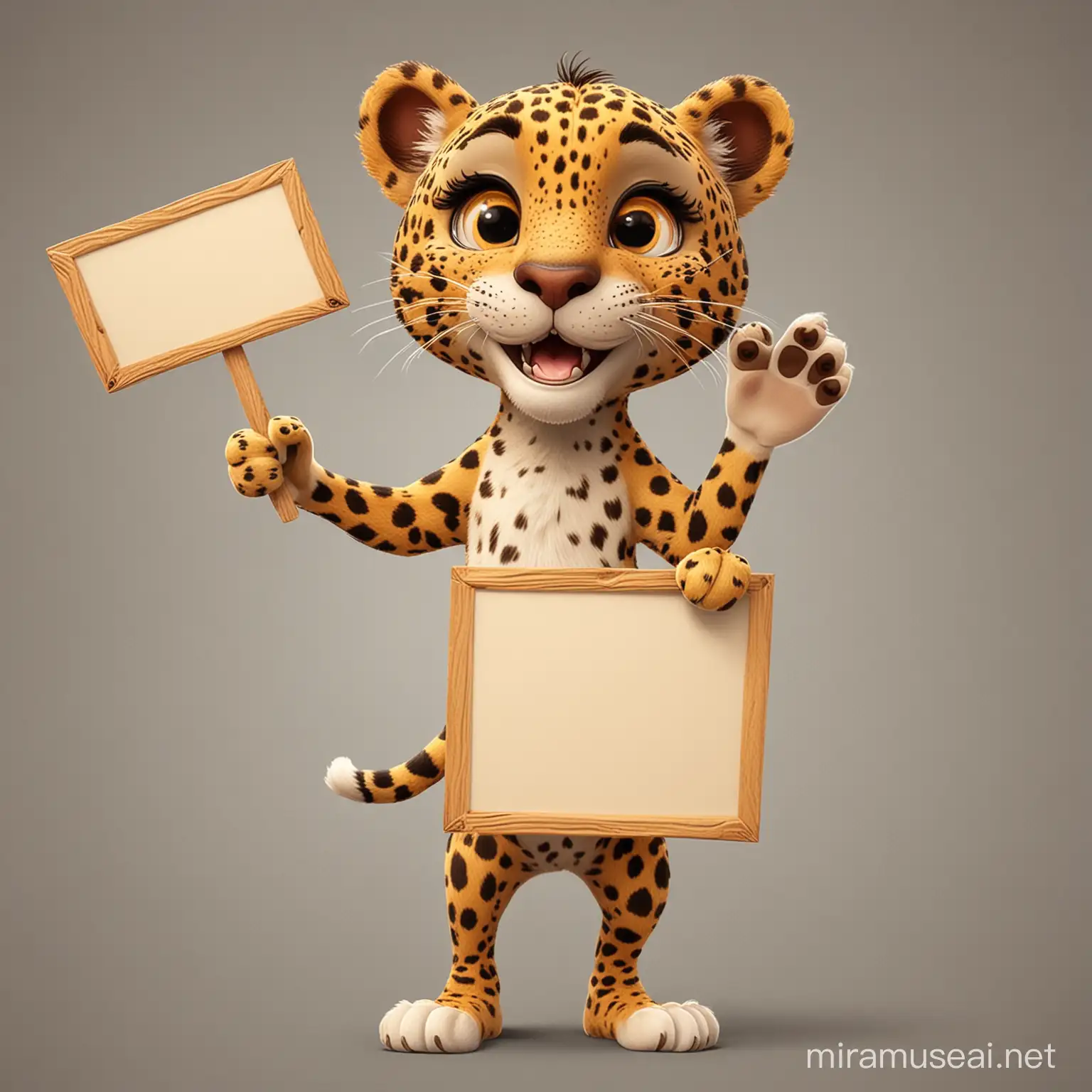 happy cartoon leopard holding a signboard in hand