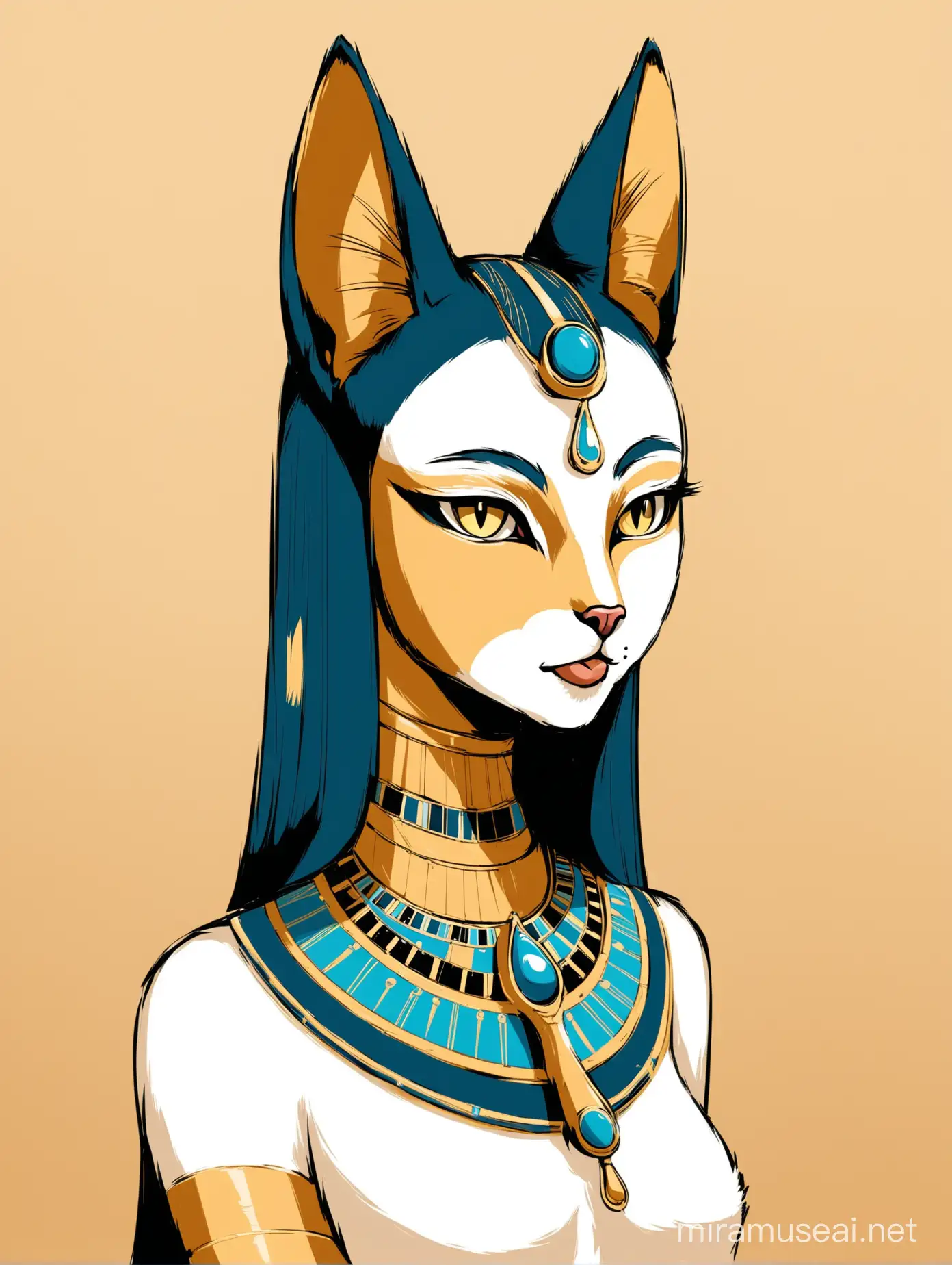 un portrait de la déesse égyptienne BASTET , style minimaliste , dans le style entre PICASSO et salvador DALI