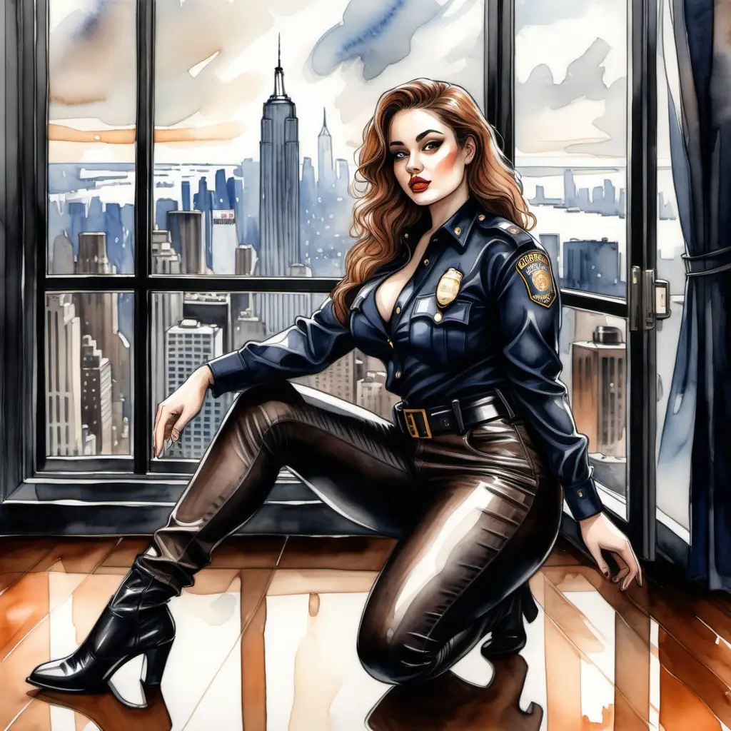 Sexy curvy girl, brown hired police officer, squared face, thin lips,deessed in black pants, with leather, sitting on the floor of roon with a window overlooking new york. Waterccolor...