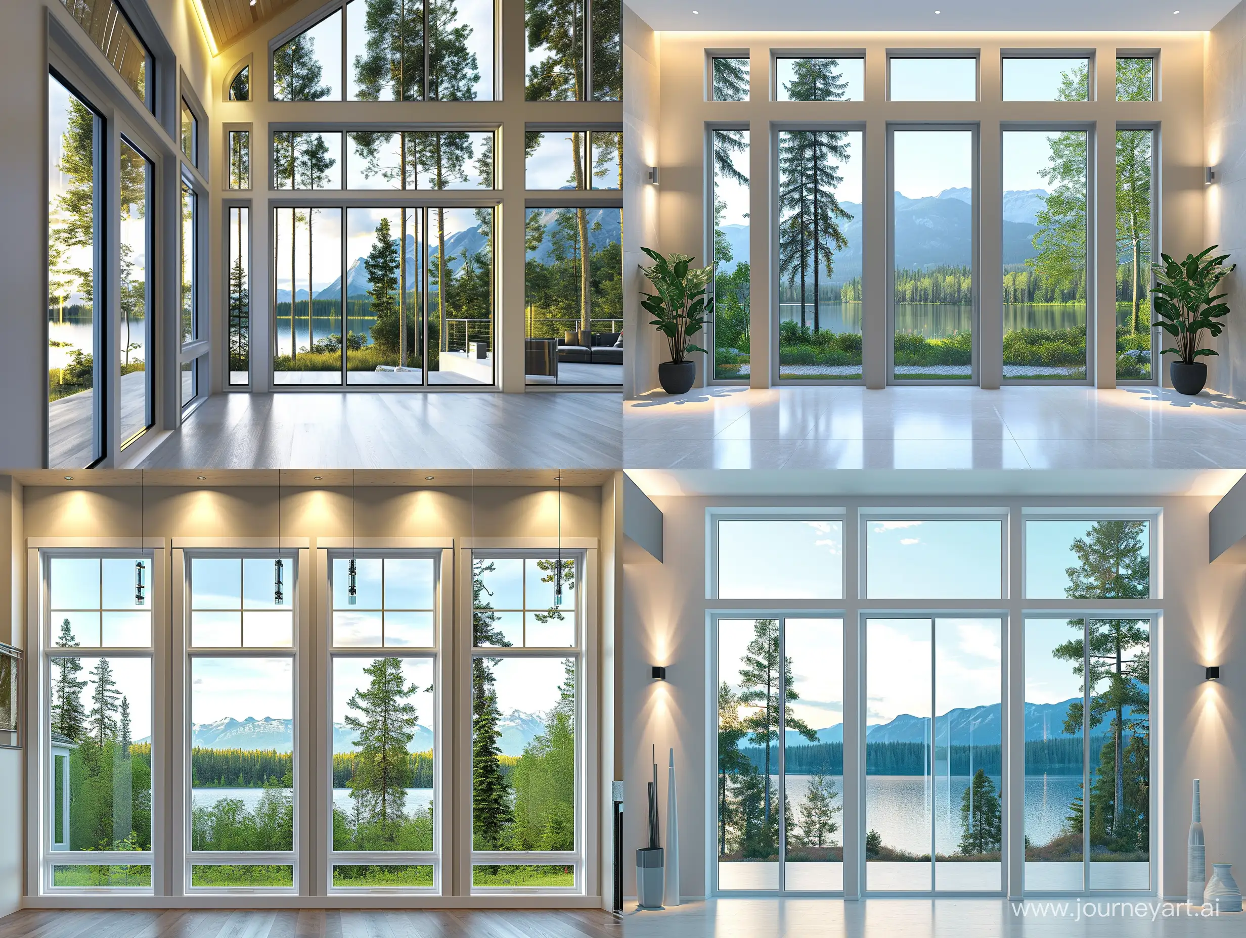 Create an eye-catching featured image for a Canadian windows company, showcasing elegant and modern windows in a contemporary house setting. The image should highlight the sleek design of the windows, emphasizing their clarity, durability, and energy efficiency. Include a view of a serene Canadian landscape through the windows, such as a forest, lake, or mountains, to emphasize the harmony between modern living and natural beauty. The house should be designed with a modern architectural style, featuring clean lines and minimalistic elements. The lighting should be natural and bright, showcasing the windows' ability to enhance indoor lighting. The overall feel of the image should be inviting, luxurious, and representative of high-quality Canadian craftsmanship in window design.