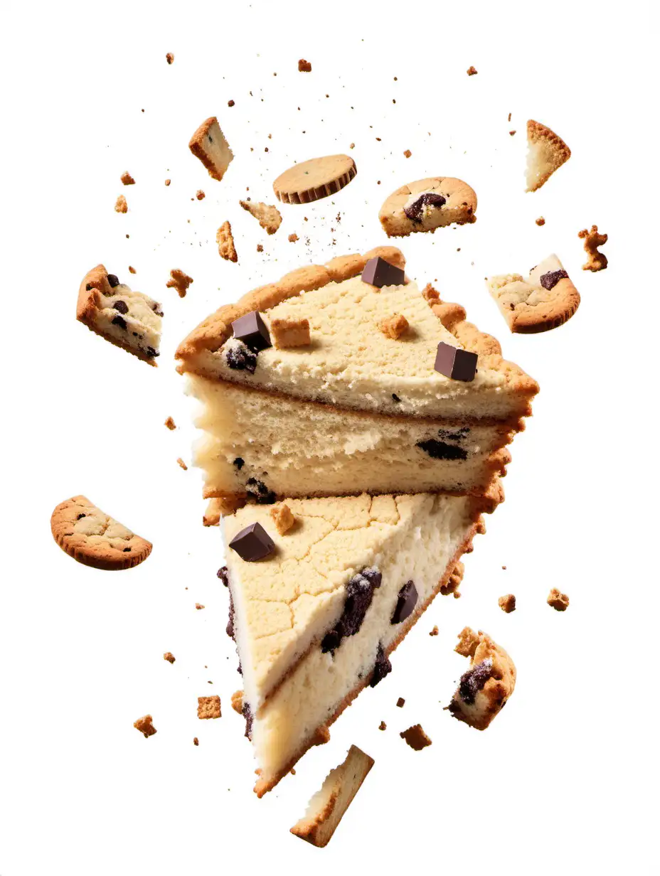Pile cake crumbs, cookie pieces flying isolated on white, clipping path