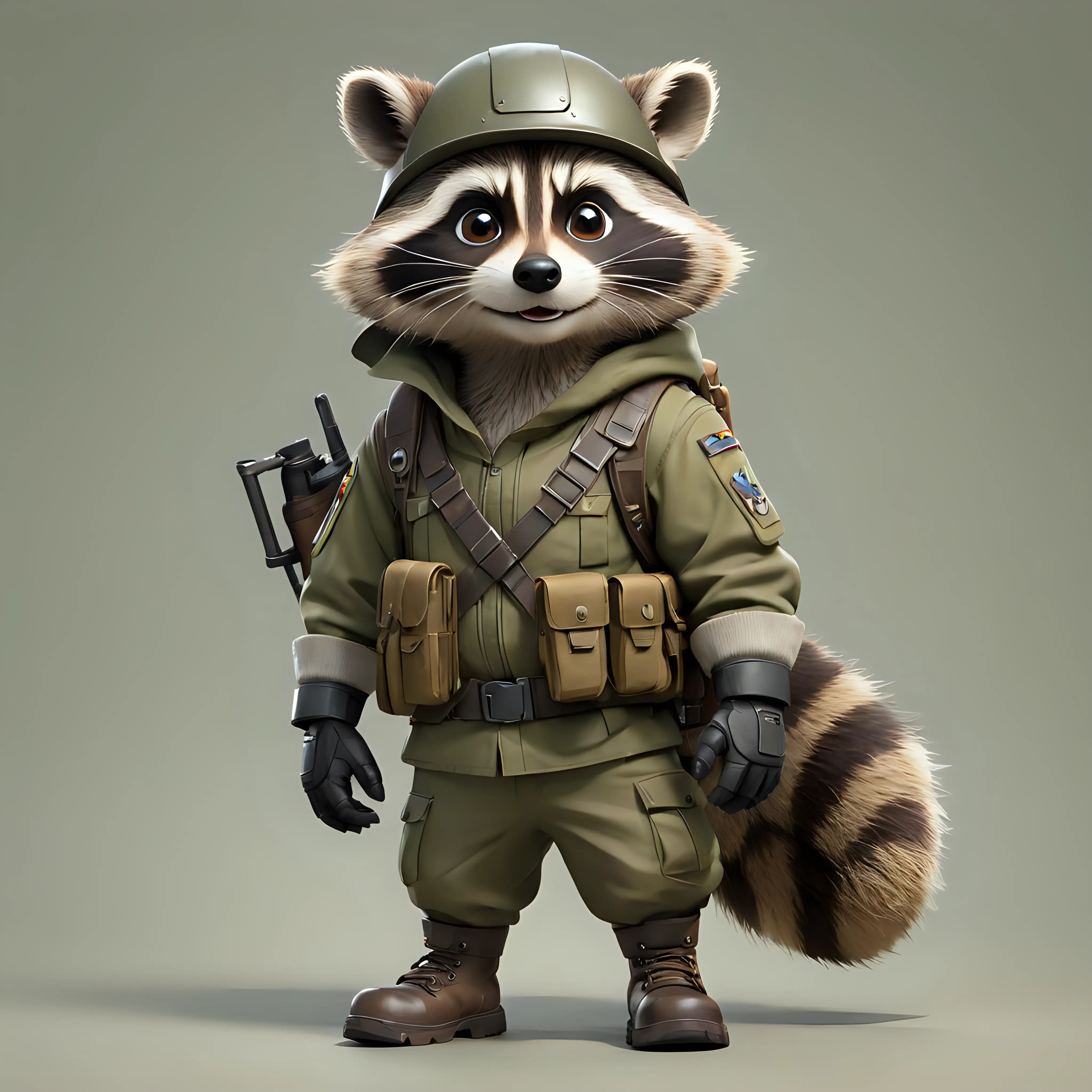 A raccoon in cartoon style, full body, Soldier clothes with boots and helmet, with clear background