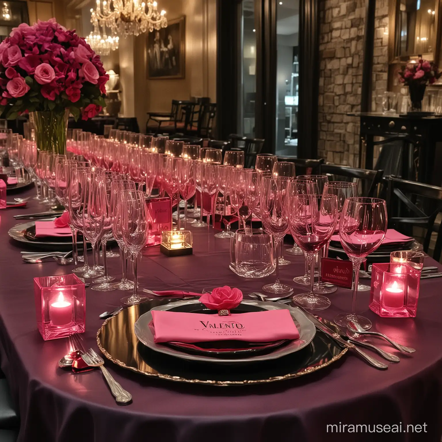 A very elegant and luxury table setting for a Valentino Born in Roma Intense Perfume Launch party at night. Night time theme. that fits the brand and colors of the perfume. inside a bar. use more hot pink and black. indoors. 30 person table