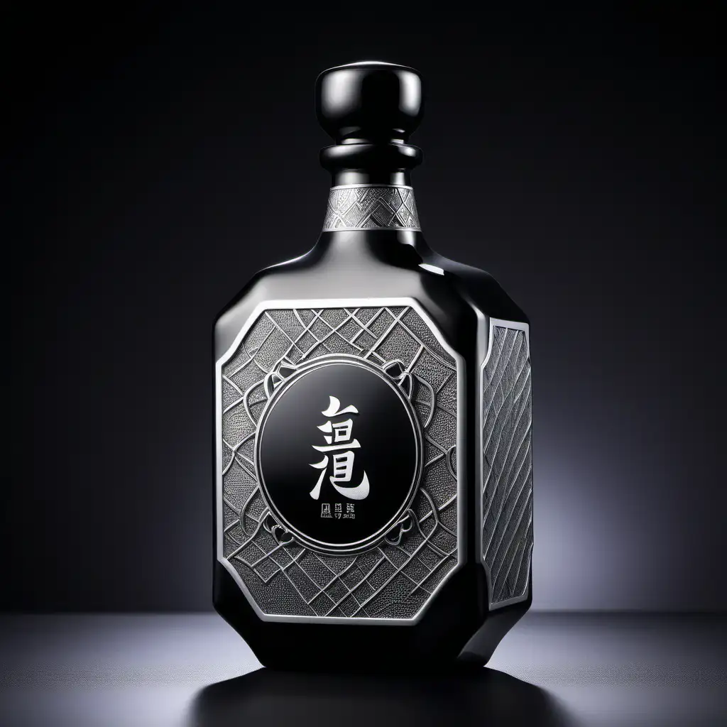 Chinese health and wellness liquor bottle design, high end liquor, 500 ml opaque bottle, precision product photograph images, high details, very creative bottle shape design,  highlight the nobility, to emphasize the theme of health and wellness, ceramic bottles,  black and silver texture, brand name is 玖莼，can be square bottle, double round shape