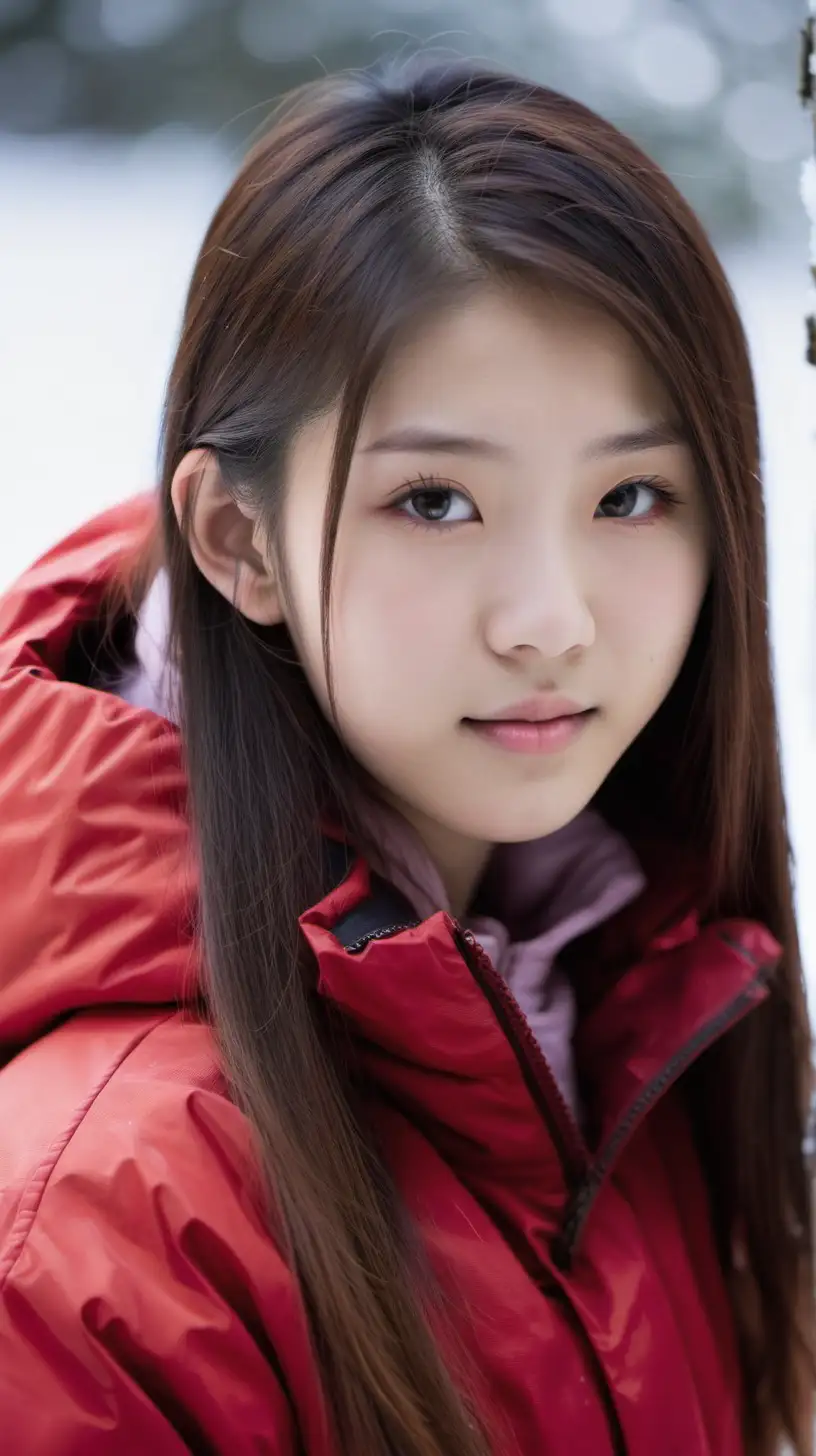 少女，日本人，14岁，精致的五官，长发，皮肤白皙，红色羽绒服，雪地，深情的望着镜头，正面视角