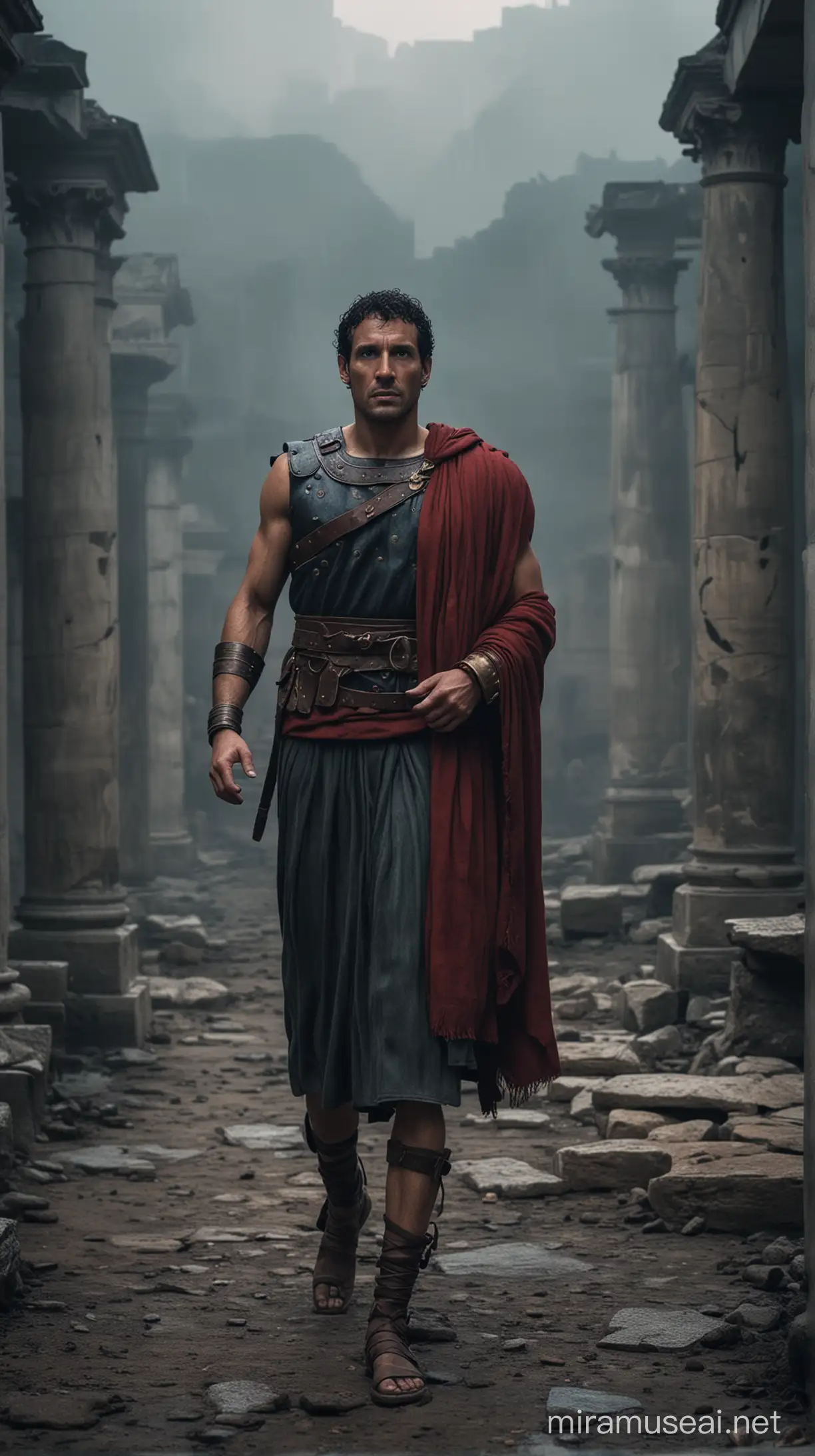 Roman Marc Antony standing in a moody place and background in a good attire