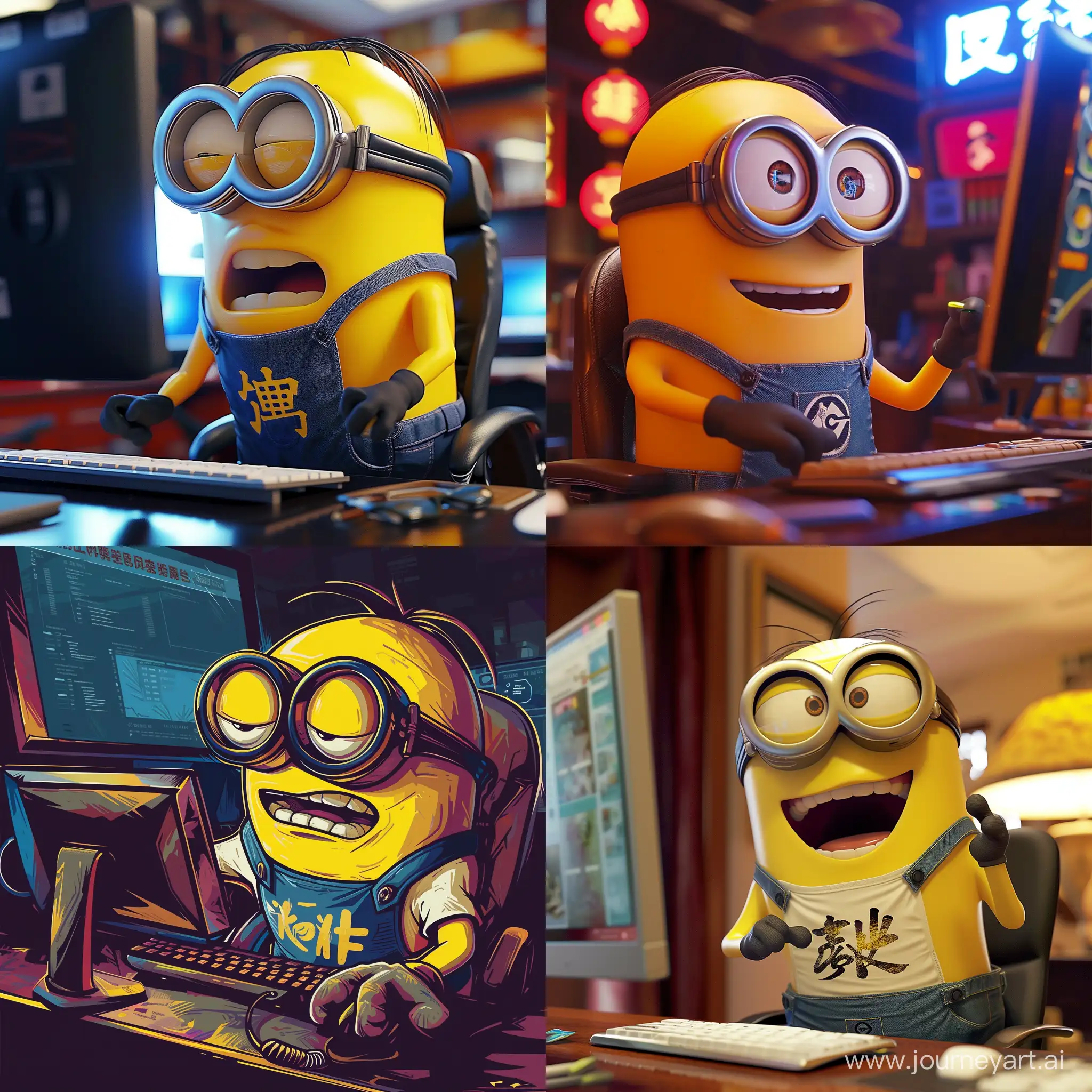 A pumped-up minion in a T-shirt with the inscription "СВО" is sitting at a computer and typing