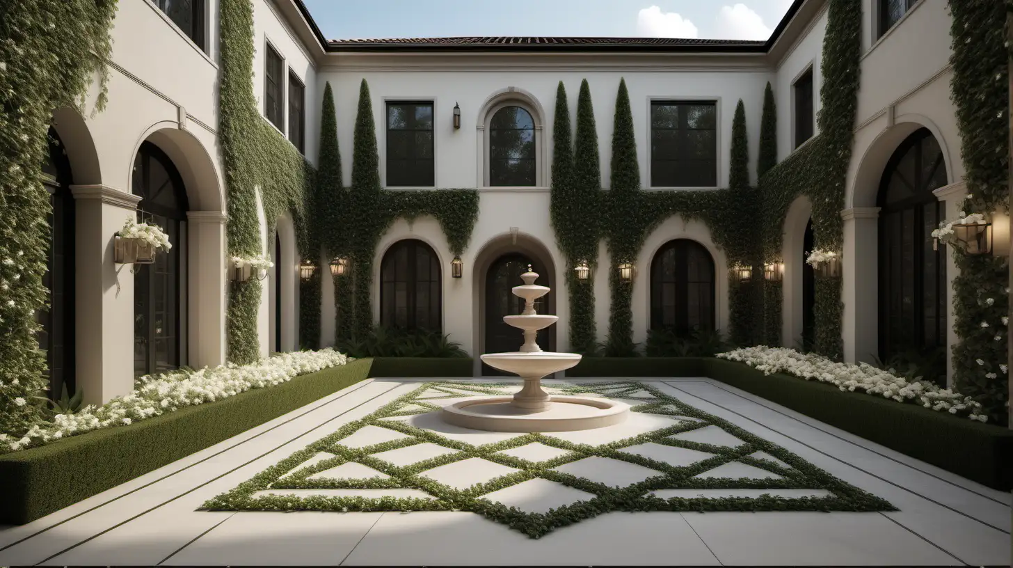 Luxurious Modern Hausmann Estate Home Courtyard with Diamond Patterned Espalier and Realistic 8K Detailing