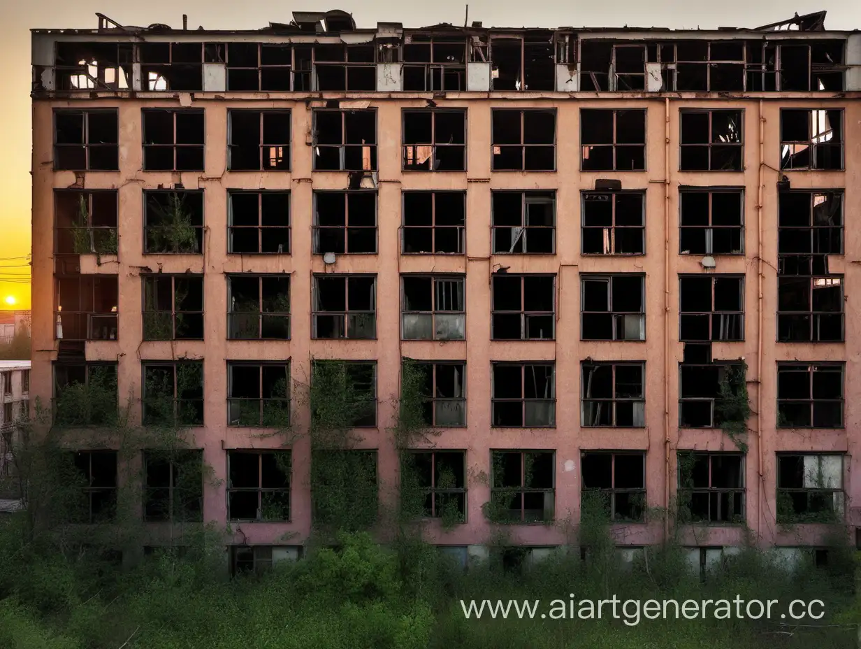 Abandoned-ThreeStory-House-at-Sunset-in-Industrial-Zone