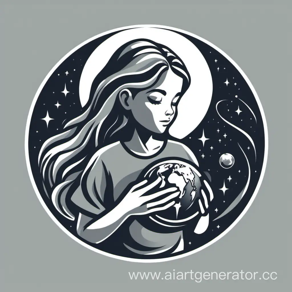 Логотип на котором изображена девушка держащая планету в своих руках цвета серый и белый