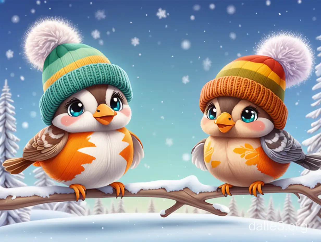 2 милые птички в вязаных разноцветных новогодних шапках мультик летают на зимнем фоне