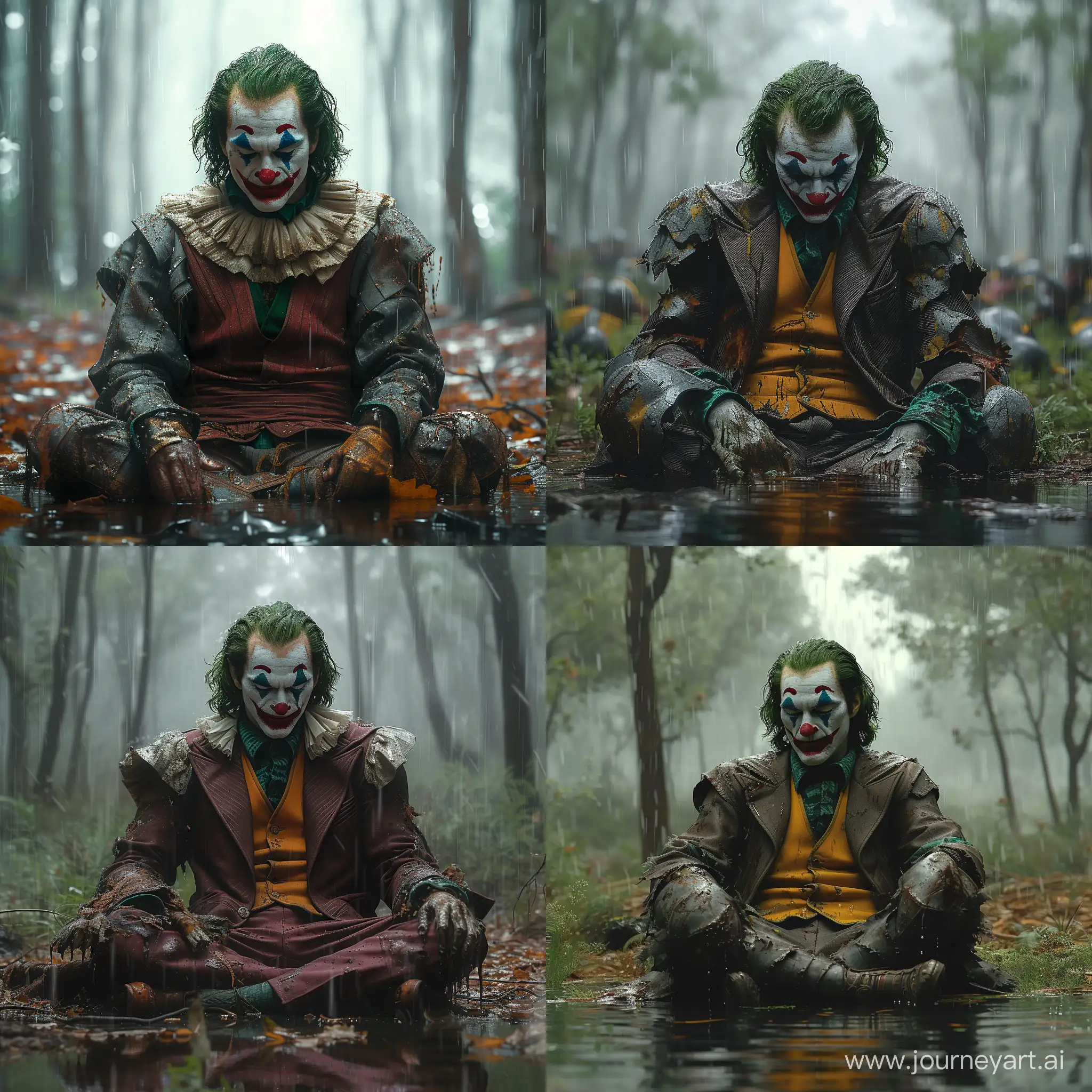 realistic image of the joker wearing  worn-out medieval armor sits tired and exhausted, injured from battles in the middle of a forest, with effects such as rain, thunder, fog, reflections in pools of water, and raindrops on the armor. The image professional from a dramatic angle, with the addition of very precise, realistic creative touches, and it will be an amazing image that competes with international images. The angle is low to give a feeling of power and presti --stylize 750 --v 6