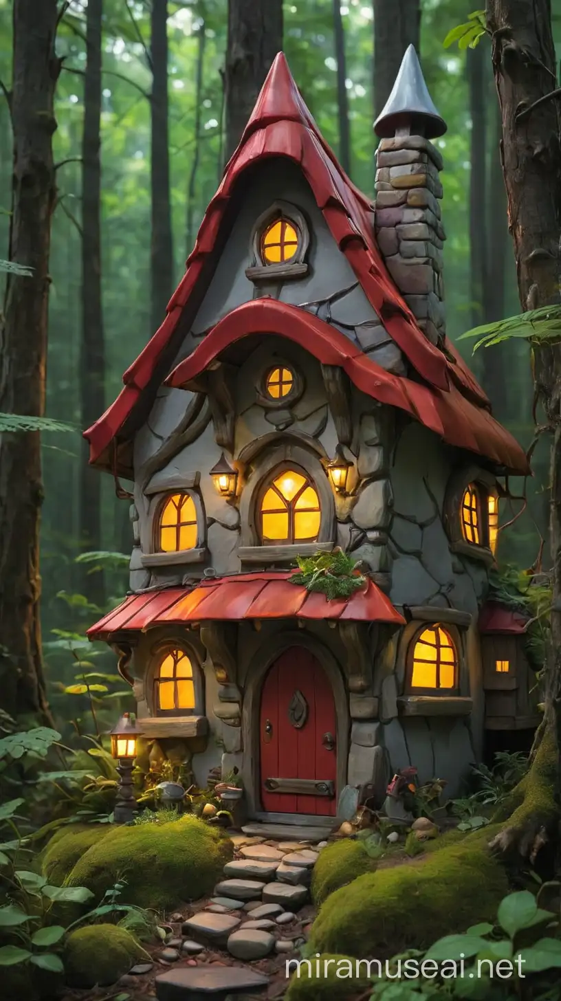 Enchanted Gnome House with Illuminated Red Roof Amidst Lush Forest