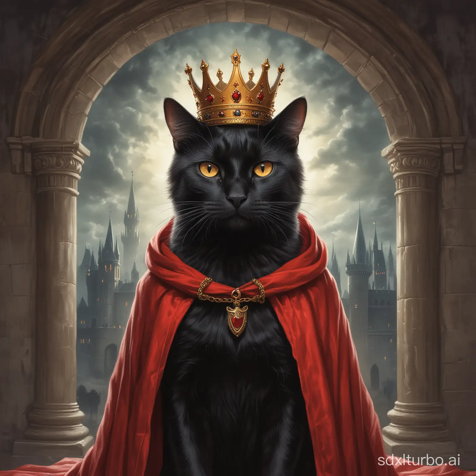 Draw an illustration of a black cat that has a crown, a red cloak, and behind it a kingdom of cats