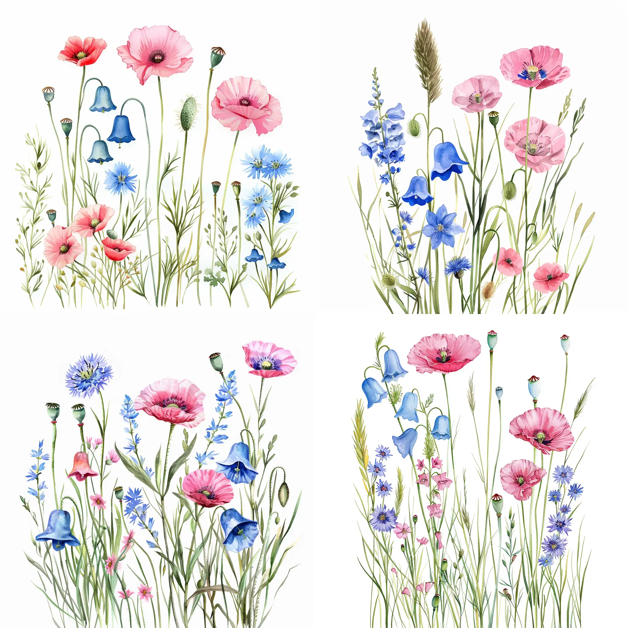 Handpainted-Watercolor-Wildflower-Bouquet-Bellflowers-Cornflowers-and-Pink-Poppy-on-White-Background