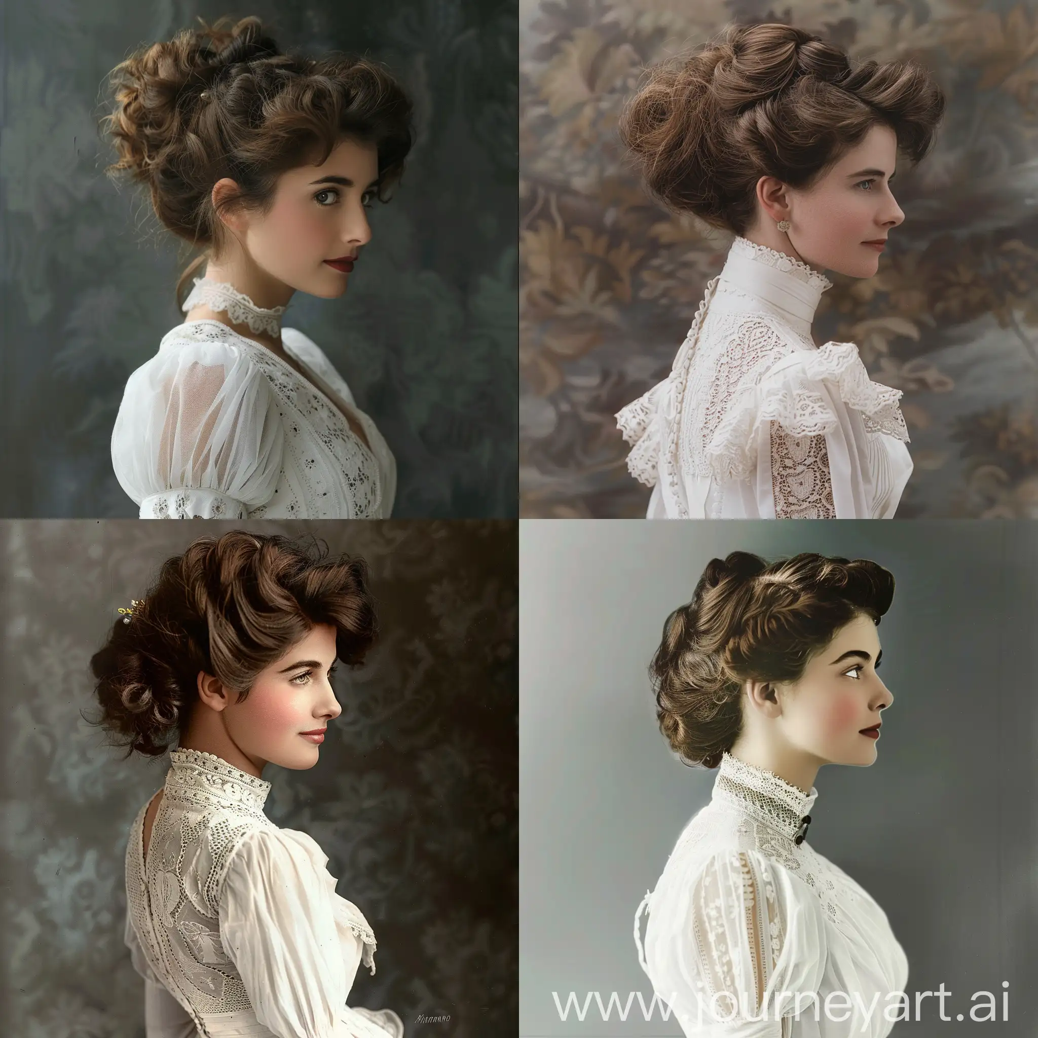 Mujer hermosa de los años de 1910s con un vestido blanco y con un peinado distintivo para la época y de apellido mendrano