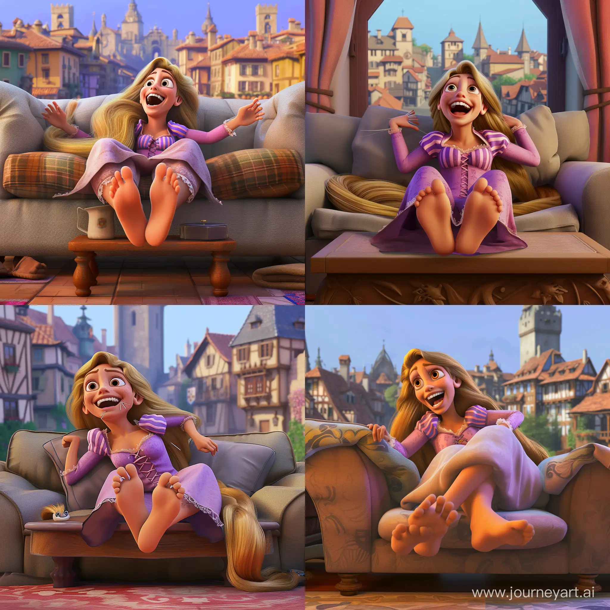 Pixar-style front view detailed 3D render of Rapunzel wearing a nightgown and laying on couch with feet propped on coffee table, Rapunzel from Tangled, being tickled playfully by brushes scratching Rapunzel's ankles, Rapunzel is laughing hysterically and her arms are behind her back and wiggle her ten toes, laughing wide smile expression, medieval town center background