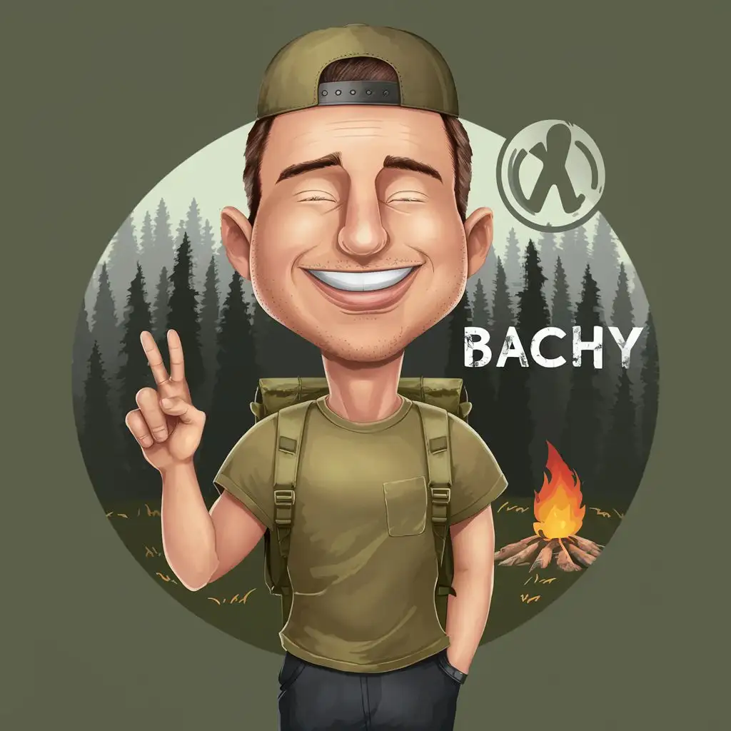 logo, A tall man with short brown hair, has a cap on his head,he has a wide smile, closed eyes, white teeth, he is dressed in an olive t-shirt and dark pants, he has an olive backpack, behind him is a forest and a small fire, he is making a peace gesture,logo in right up corner, little military, cartoon, with the text "Bachy", typography