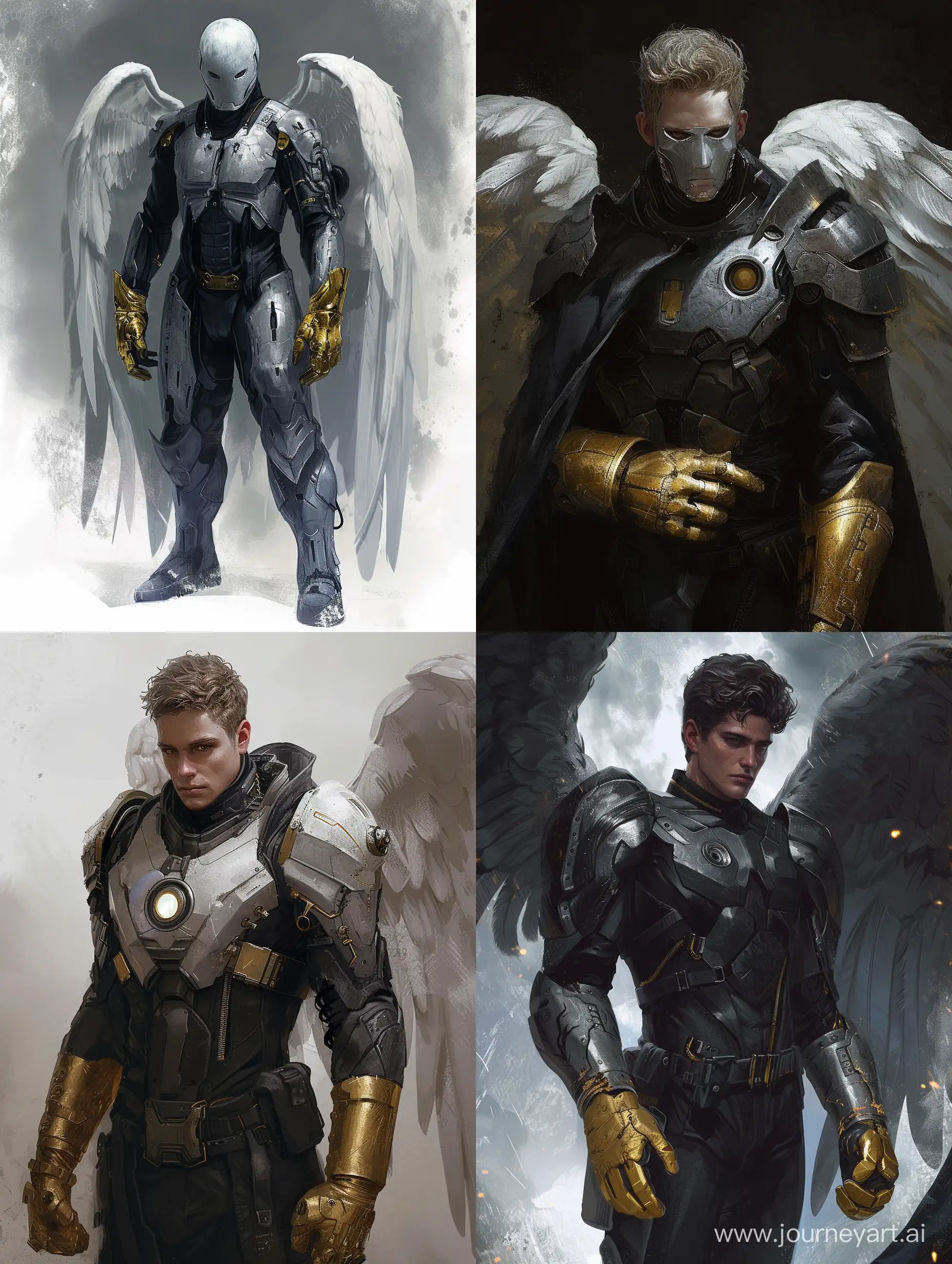 concept art, marvel comics,  male, angel in sci fi armor, eyesless scp silver mask, dark souls, gold gloves