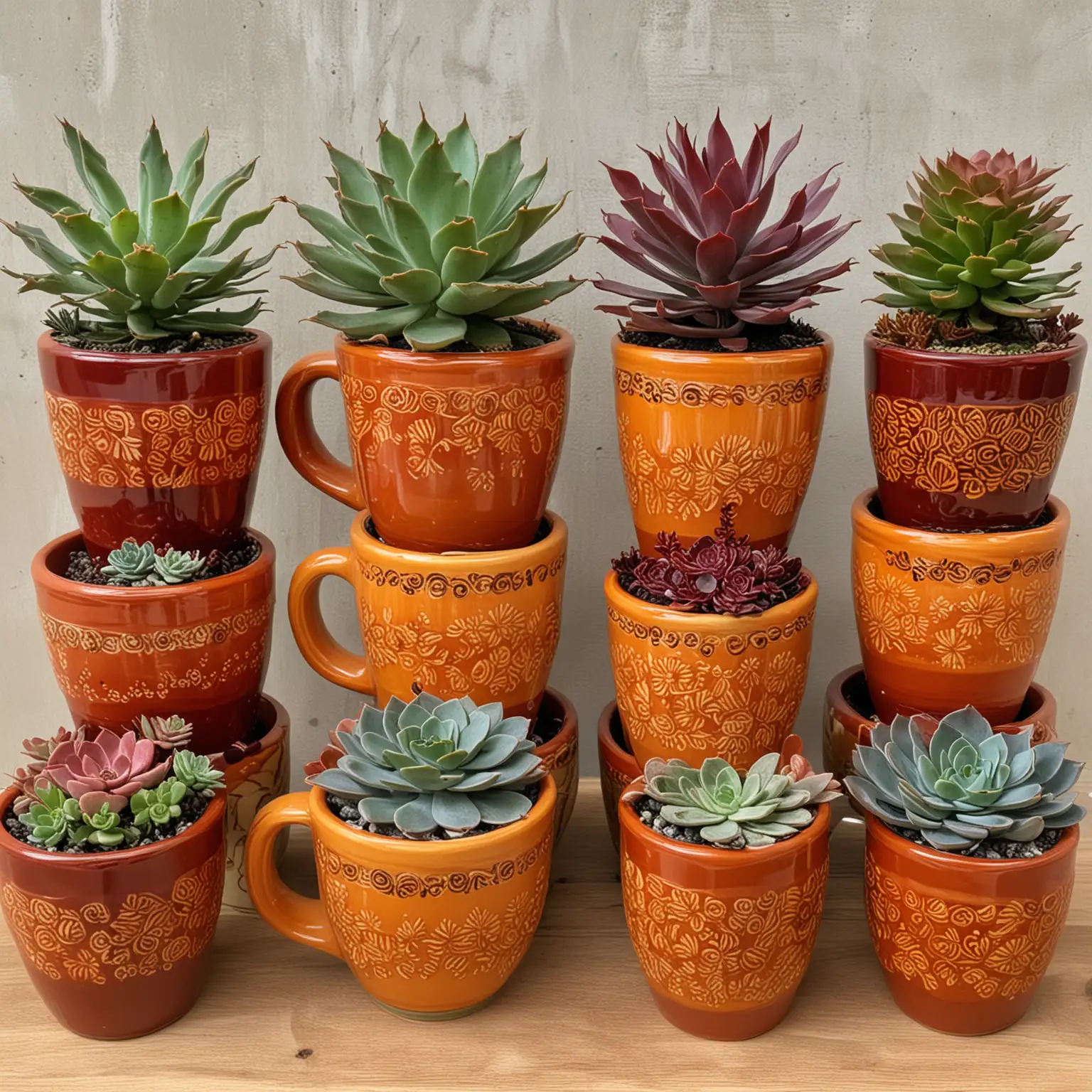 a collection of very large traditional looking coffee cups used as a vase, painted in solid, rich colors:  dark burgundy, bold gold, burnt orange or pumpkin orange; each coffee cup is only painted in one of those colors and there are no designs on the coffee cups; each coffee cup is filled with succulents