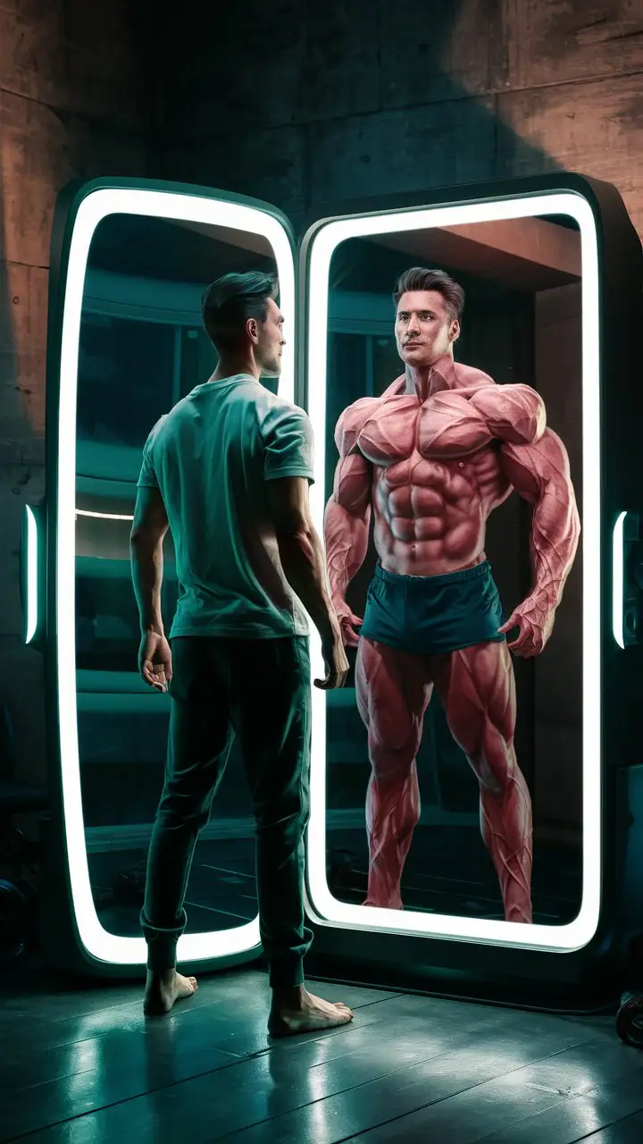 Create an image of a man standing in front of a futuristic, glowing mirror. On one side, he appears as an average, fit individual in casual attire. The mirror reflects his alternate image, revealing a hyper-muscular version of himself with exaggerated, superhero-like muscles and vibrant skin tones highlighting his enhanced physique. The setting is a high-tech room with ambient lighting that casts dramatic shadows, emphasizing the transformation.
