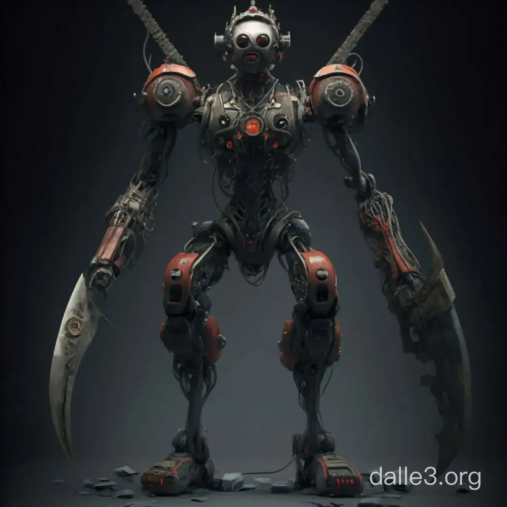 Humanoid Marionette blade dancer. Lots of exposed mechanical parts. Red and black colors